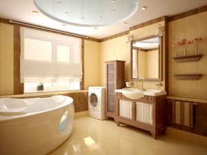 Modern bathroom with a freestanding tub, dual sinks, wooden vanity, and a washing machine, showcasing a stylish renovation ideal for enhancing home aesthetics and functionality.