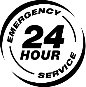 Emergency plumbing 24 hour service logo, emphasizing availability for urgent plumbing needs.