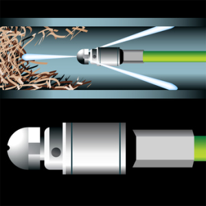 Hydrojetting nozzle clearing clogs in pipes, demonstrating effective pipe cleaning method for homeowners.