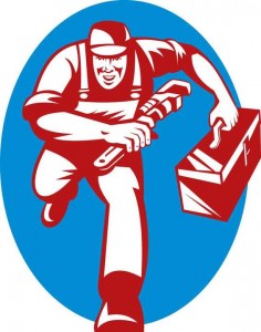 Plumber running with a wrench and toolbox, symbolizing emergency plumbing services for urgent situations.