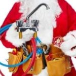 Santa Claus in a red costume holding plumbing tools and a faucet, surrounded by tool belts with plumbing supplies, representing a creative Halloween plumber costume.