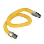 Yellow gas line connector hose with metal fittings, essential for safe gas appliance installation and maintenance.
