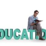 Person reading a book while sitting on large turquoise letters spelling "EDUCATION," symbolizing the importance of education in professional development.