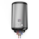 Tankless water heater with a sleek silver design, featuring control knobs and connection ports, relevant to plumbing services and installation guidance.