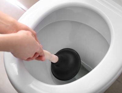 Person holding a plunger over a toilet