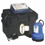 Backup sump pump system with black housing and blue pump, essential for preventing basement flooding during power outages.