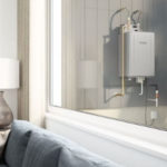 Modern tankless water heater installed in a stylish home setting, emphasizing energy efficiency and eco-friendly plumbing solutions.