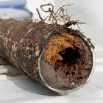 Clogged sewer pipe with visible rust and roots, illustrating a common issue for homeowners experiencing drainage problems, relevant to plumbing services and drain cleaning.