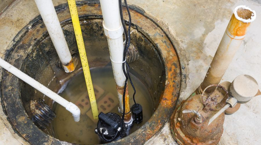 Sump pump system in a basement pit with water, measuring tape, and plumbing pipes, emphasizing maintenance for spring flood protection.