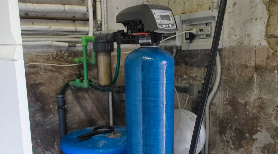 Water softener system with blue tank and control unit in a residential setting, illustrating plumbing solutions for hard water issues.