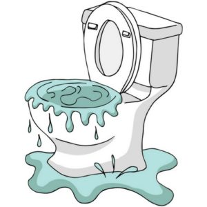 Overflowing toilet with water spilling onto the floor, illustrating a common plumbing emergency related to blocked drains and waste management.